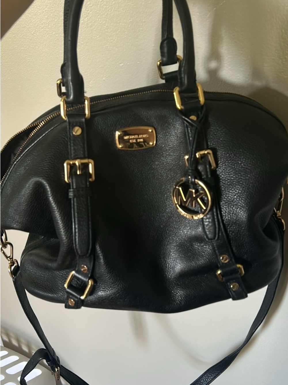 Michael Kors Black Pebbled Leather Satchel with Gold Accents